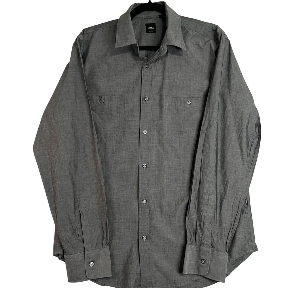 BOSS Hugo Boss Marcellino Mens L Gray Slim Fit Button Up Shirt Modern Minimal
